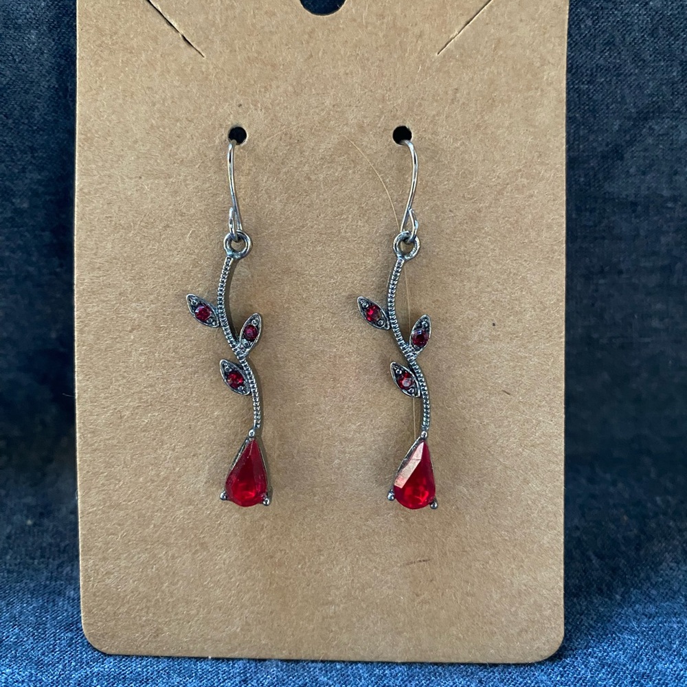 Silver Vine Red Gemstone Earrings
